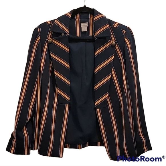 Chico’s Striped Twill Ponte Blazer Jacket Navy Red Yellow Gold | Size 1P (8P) - Picture 2 of 8